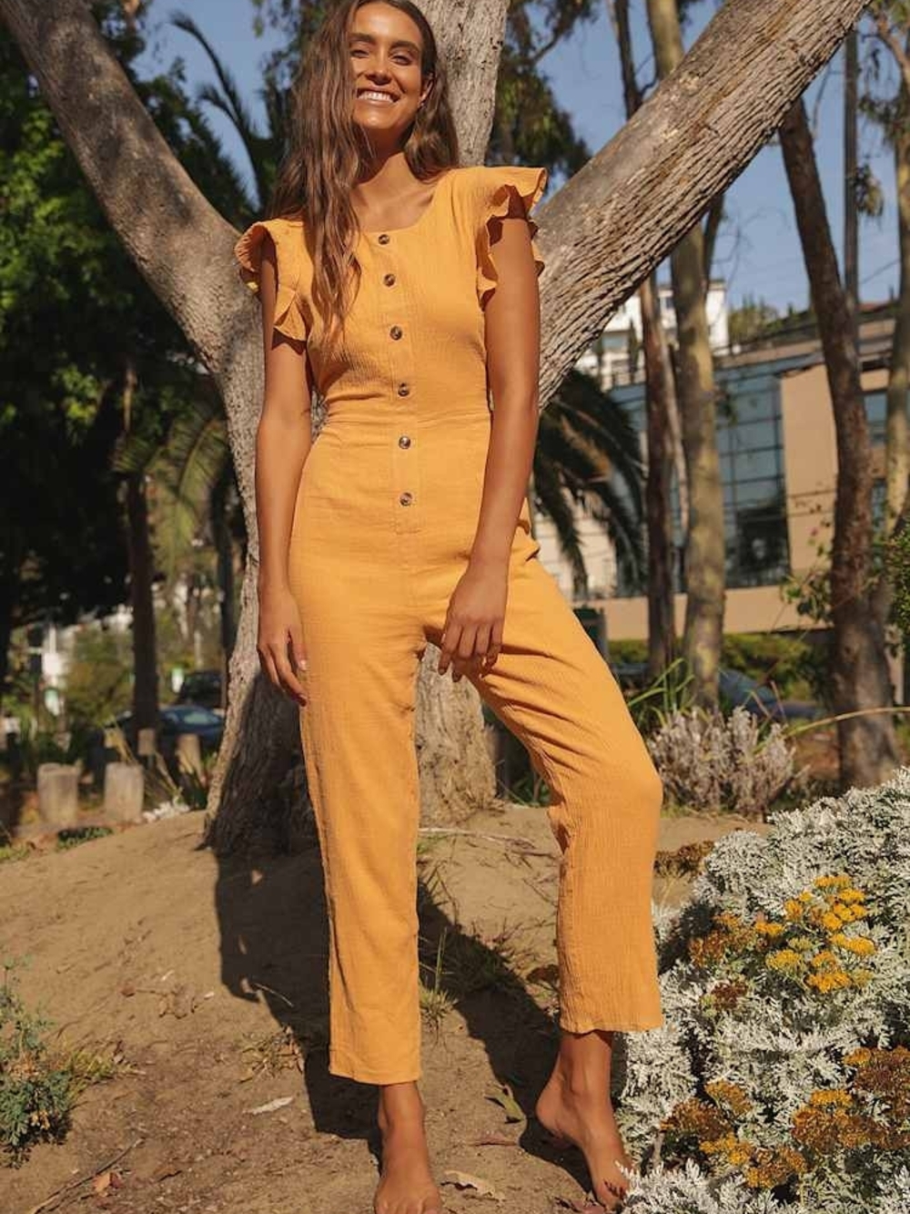 NWT Lulus Golden Yellow Flutter Sleeve Jumpsuit - Picture 2 of 10